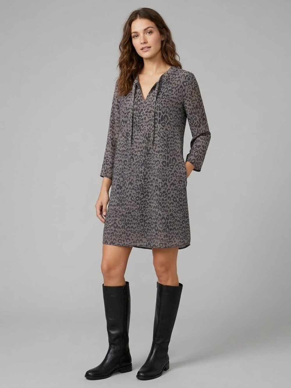 LOFT Outlet Petite Large Gray Black Leopard Print Shift Dress Long Sleeve Tie Ne